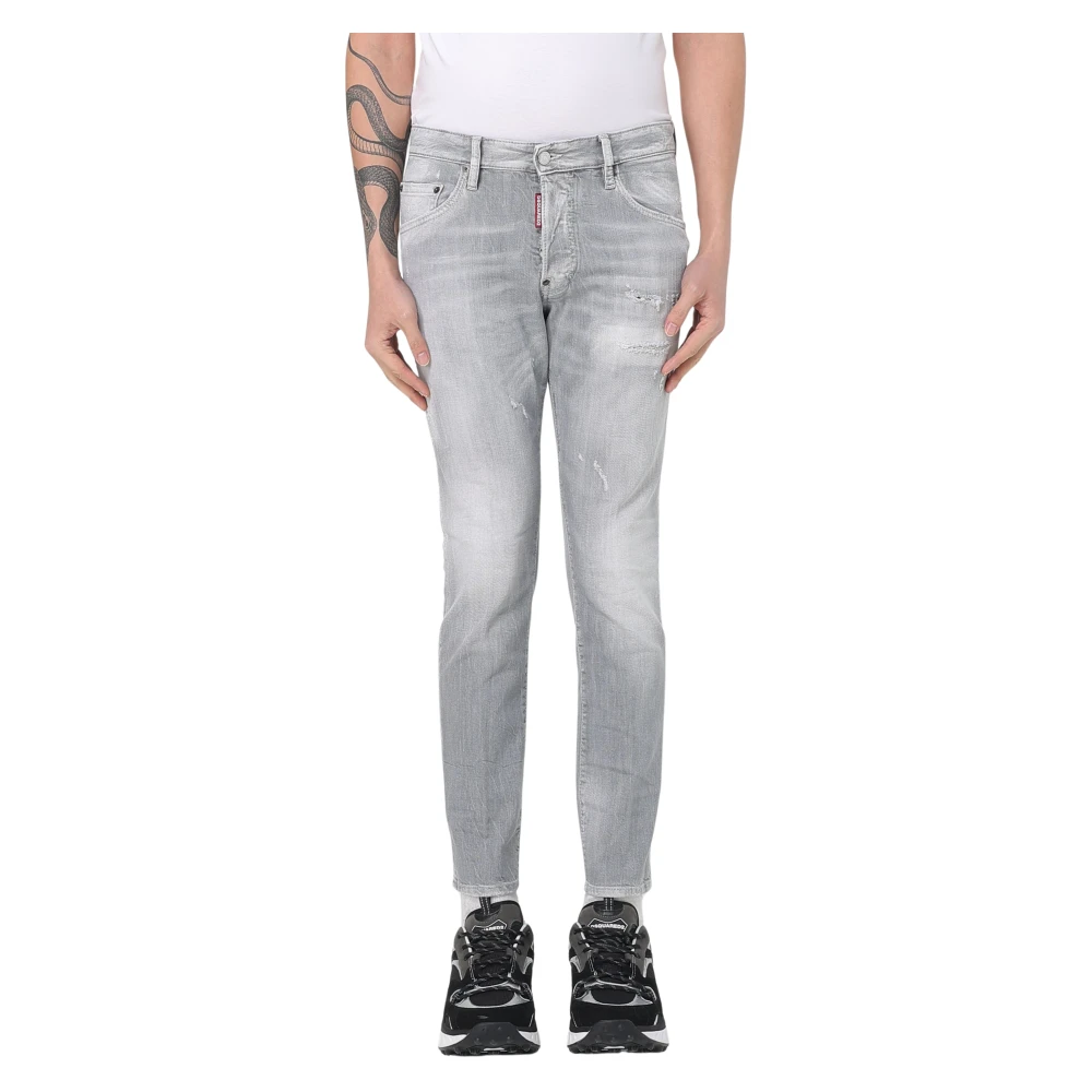 Dsquared2 Vintage Versleten-Effekt Skater Jeans Leren Patch Gray Heren