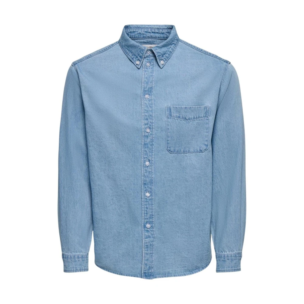 Only & Sons , Denim Shirts, Male, Blue, M, Classic Long Sleeve Round Neck Shirt With Single Pocket