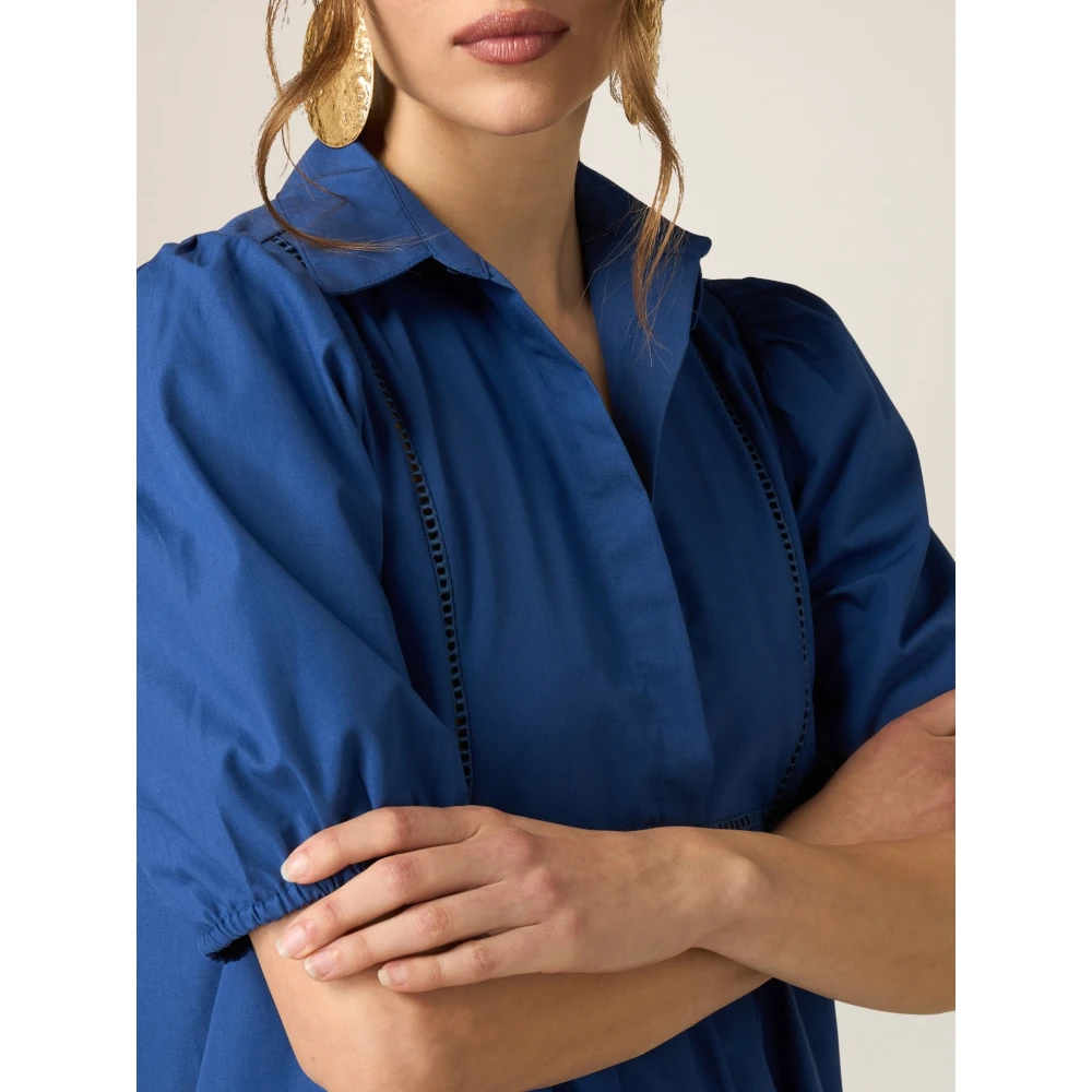 Oltre Korte Katoenen Jurk met Ajour Detail Blue Dames