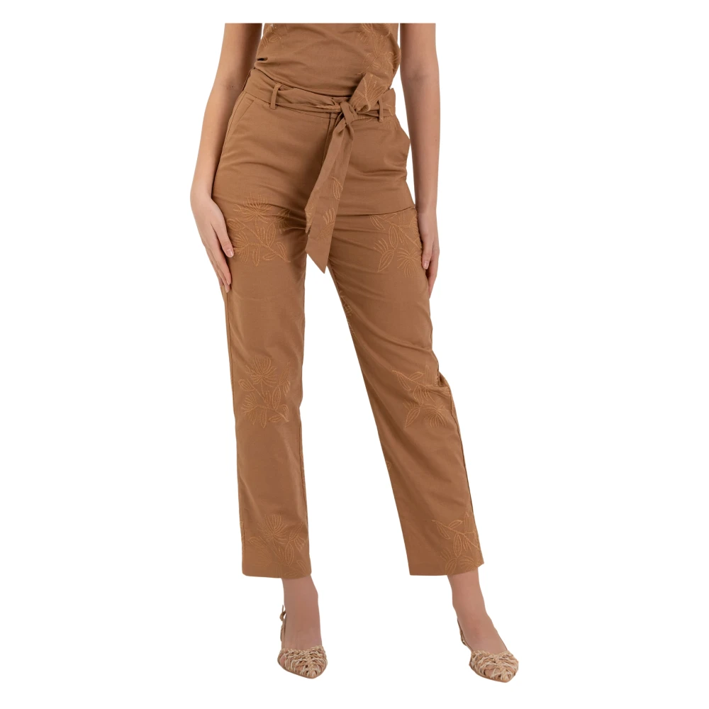 Kocca Women's Brown Straight Trousers, Xs, Embroidered Straight Trousers