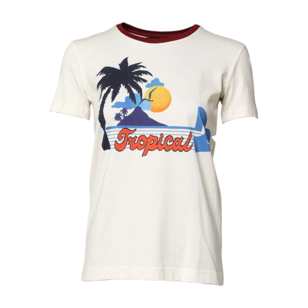 Dolce & Gabbana White Print Round Neck Cotton Top - Female - T-Shirts - 2XS - Tops
