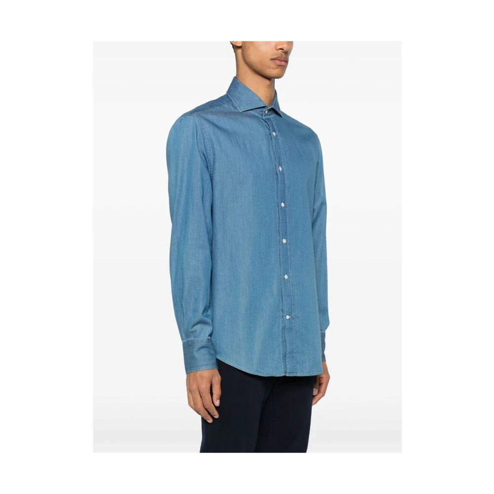 BRUNELLO CUCINELLI Blauw Katoenen Chambray Overhemd Met Kraag Blue Heren