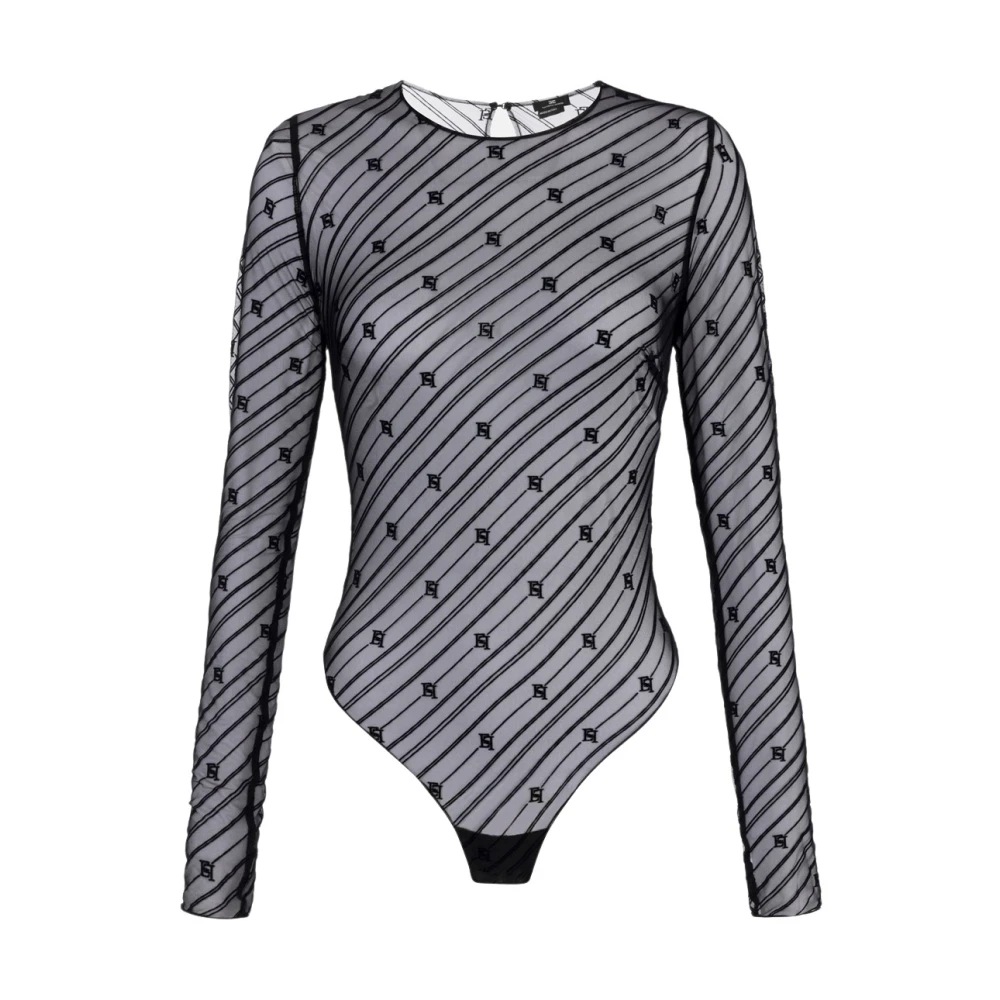 Elisabetta Franchi Zwart Diagonaal Tule Body met Lange Mouwen Black Dames