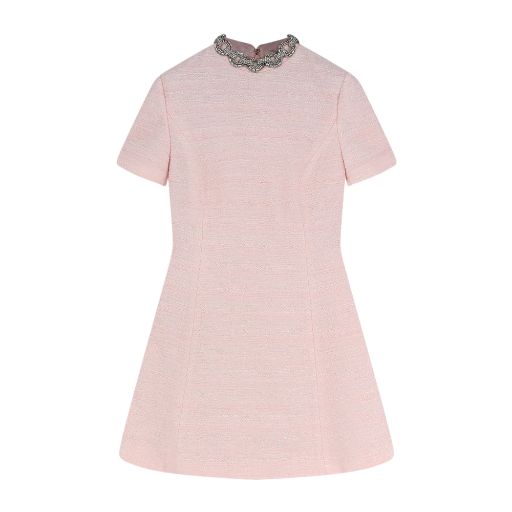 Valentino Pink Short Dresses, Female, M, Embroidered Crinkle Cotton Tweed Short Dress