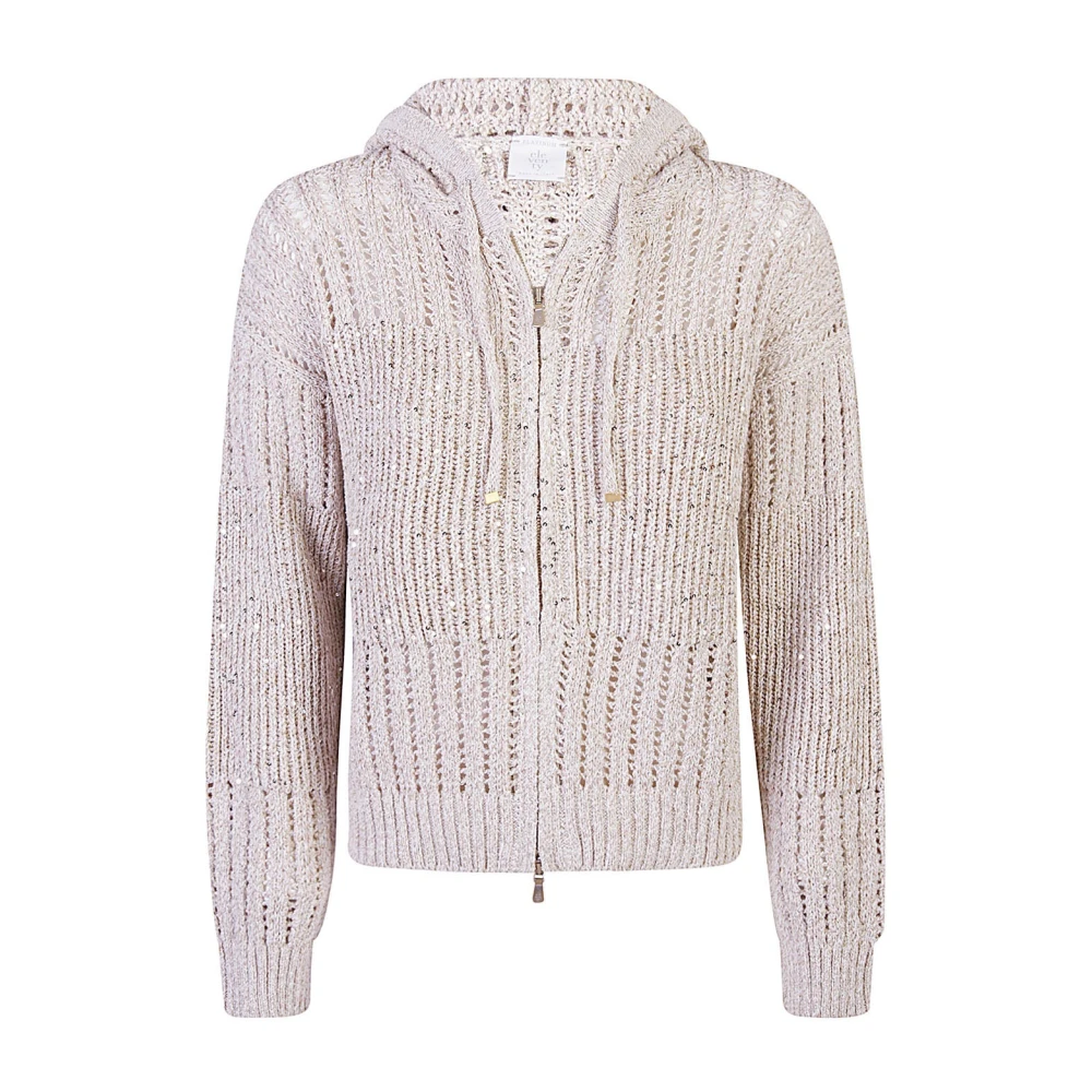 Eleventy Gestreepte Hoodie met Volledige Rits Beige Dames