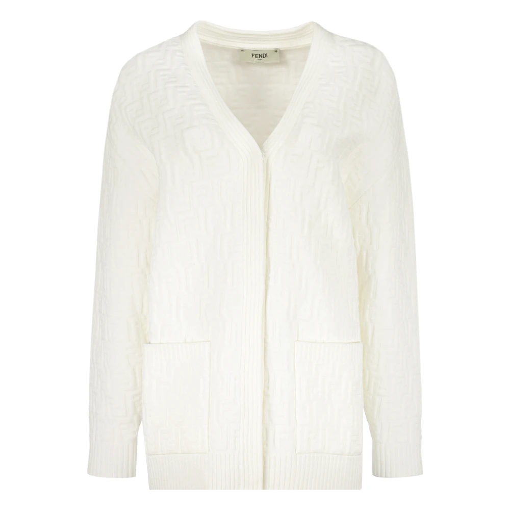 Fendi Stickad Jacquard Cardigan med Ribbkant White, Dam