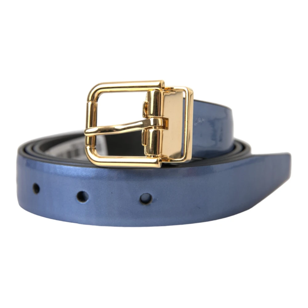 Dolce & Gabbana Blue Belts,, Metallic Leather Belt With Golden Buckle Medium