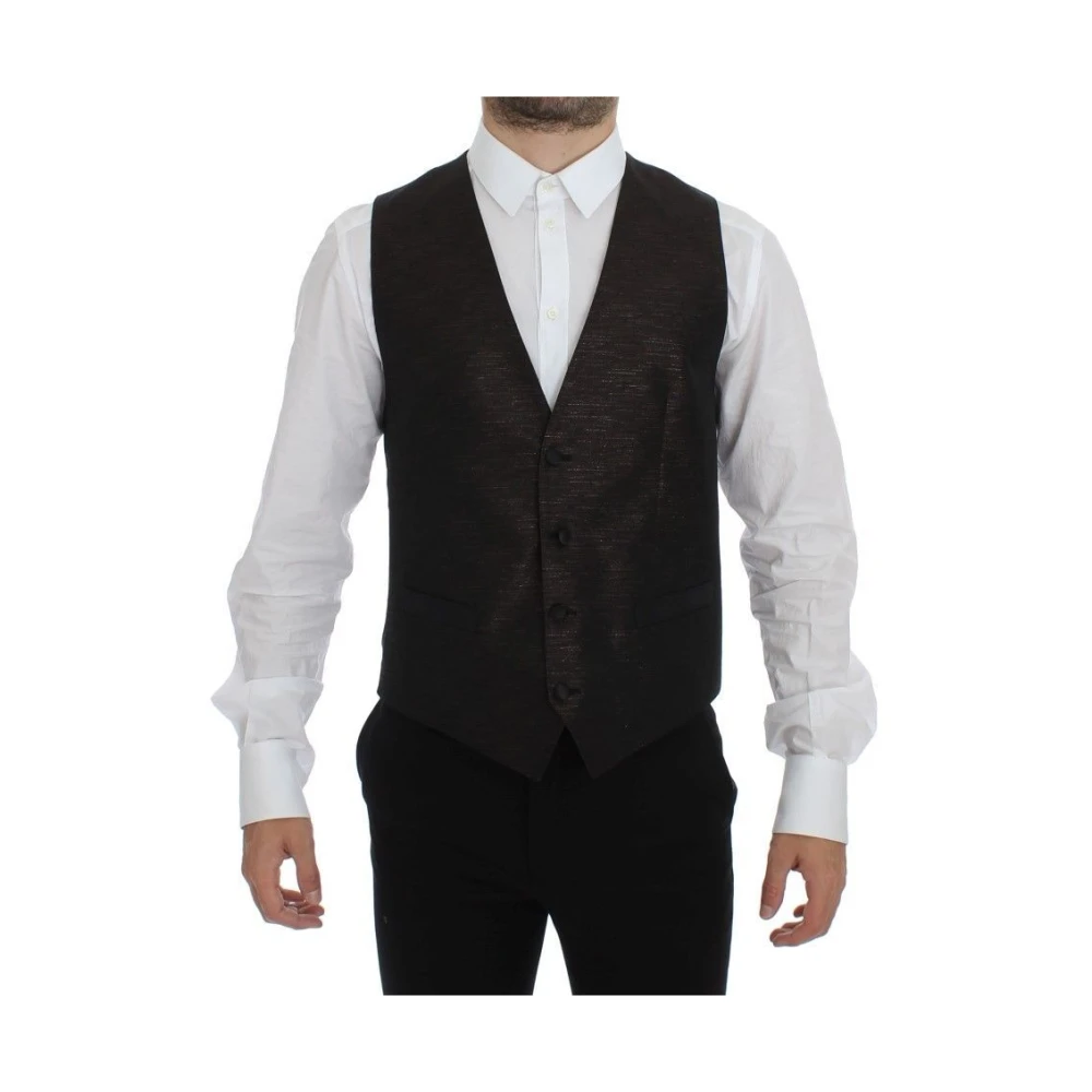 Dolce & Gabbana Elegante Bruin-Zwart Wollen Blend Jurk Vest Black Heren