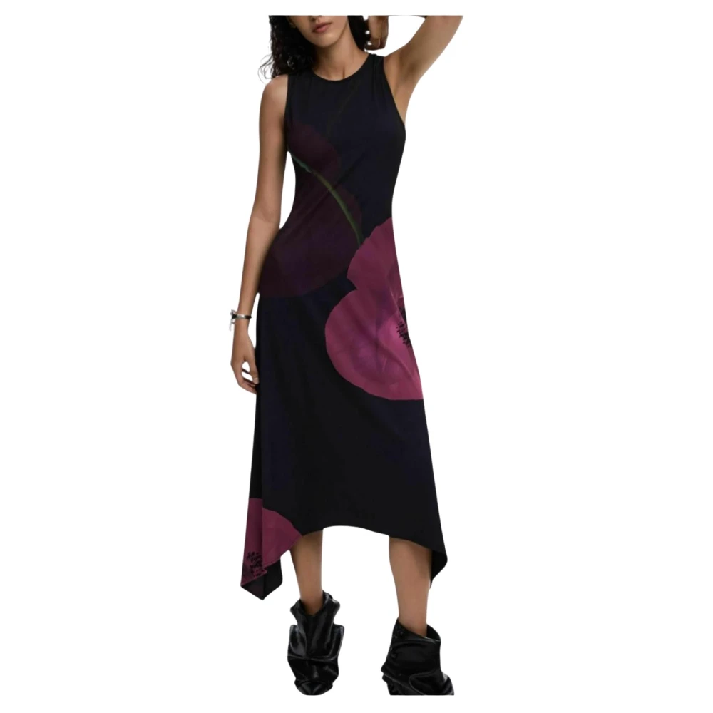 Desigual Kvinno Svart Klänningar Dam, M, Asymmetric Poppy-Print Midi Dress