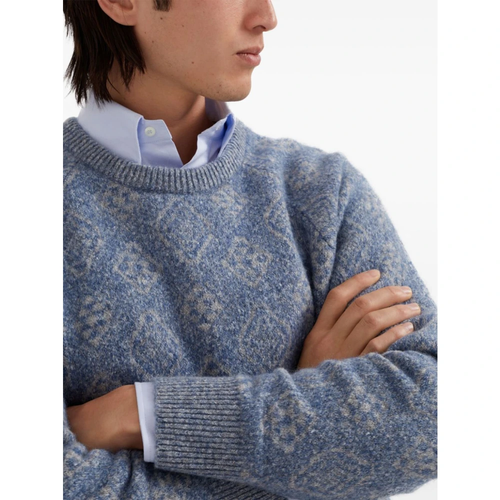 BRUNELLO CUCINELLI Blauwe Intarsia Gebreide Trui Blue Heren