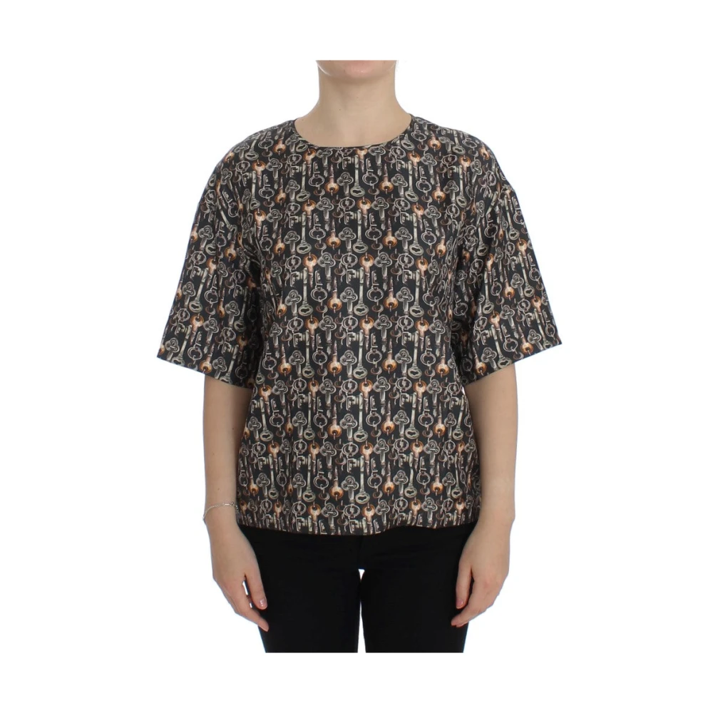 Dolce & Gabbana Medieval Keys Print Silk Blouse T-Shirt - Female - Blouses - Gray - S - Blouses & Shirts