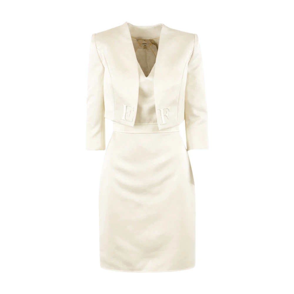 Elisabetta Franchi White Party Dresses, Female, Xl, Dress In Duchess Satin And Tulle With Jacket