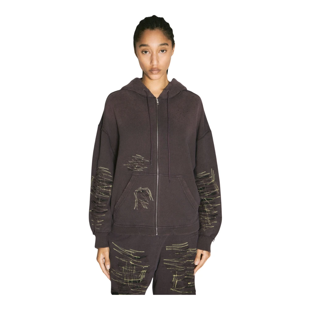 MM6 Maison Margiela Distressed Hooded Zip-Up Sweatshirt Purple, Dam