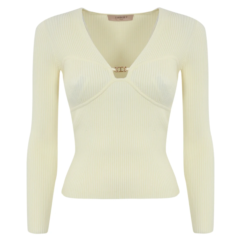 Twinset Geribbelde trui met metalen ovaal detail White Dames