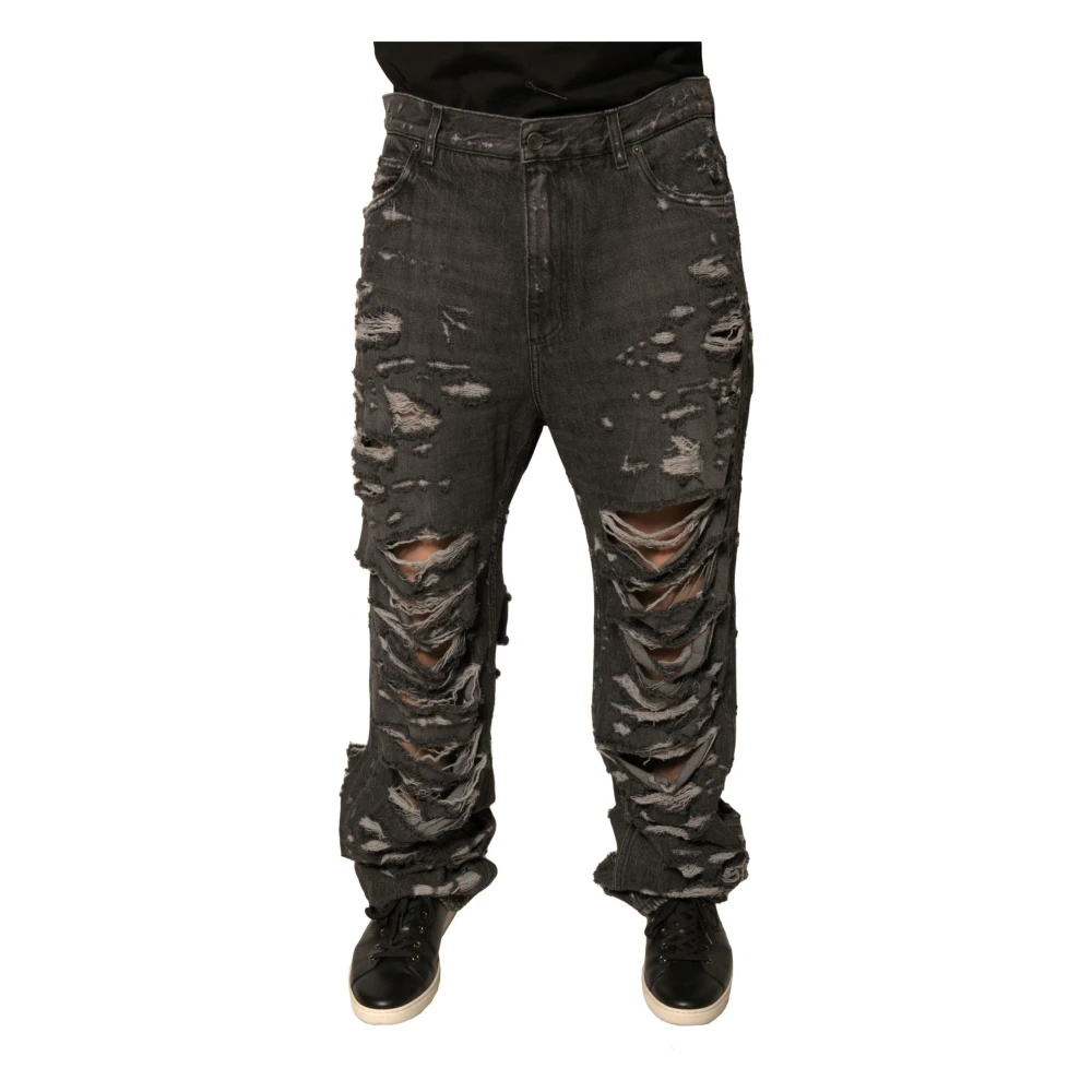 Dolce & Gabbana Men's Gray Straight Jeans,, Dark Grey Tattered Denim Jeans Small