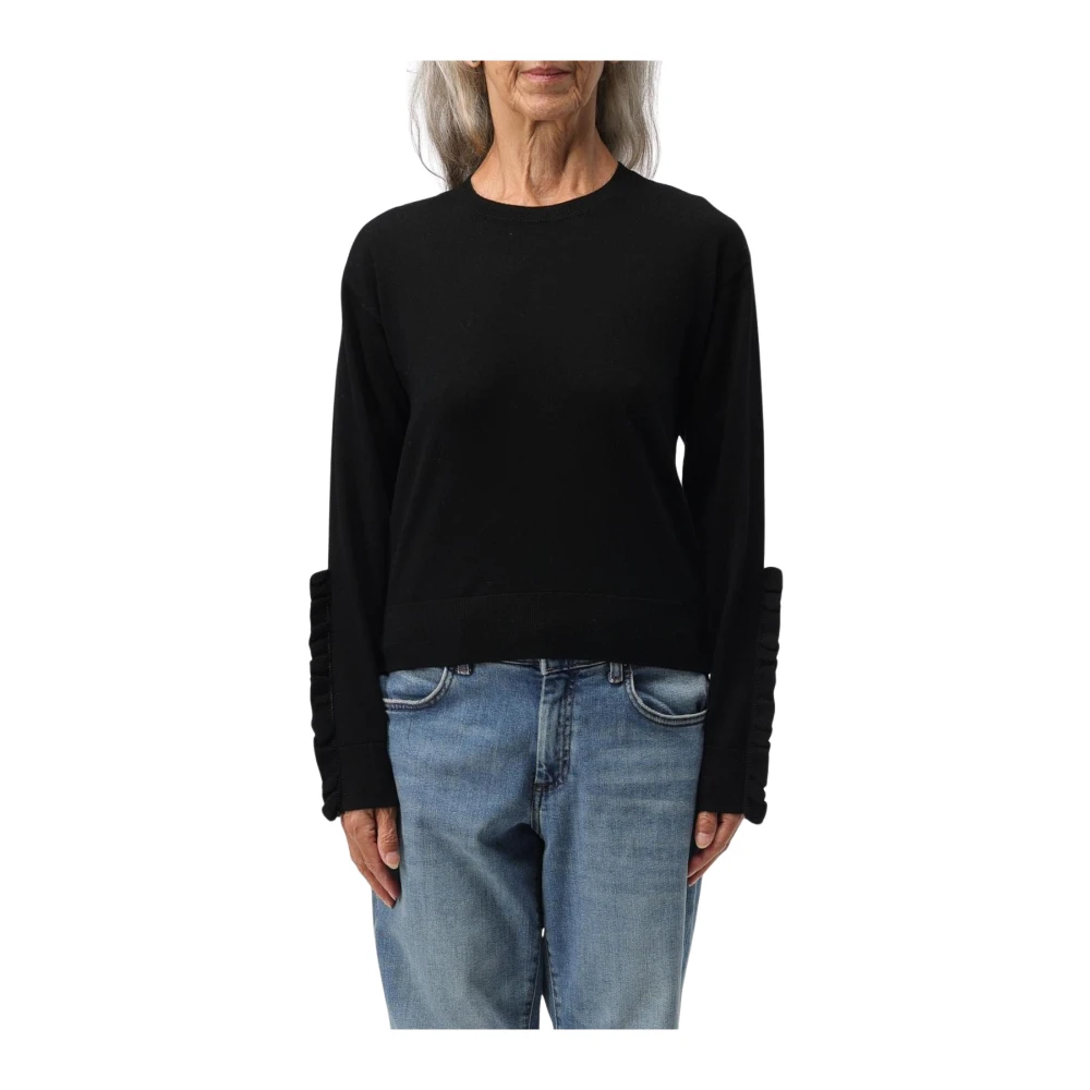 Pinko Women's Black Ruffled Cuffs Merino Wool Jumper - Round-Neck Knitwear - Xs - Knitwear