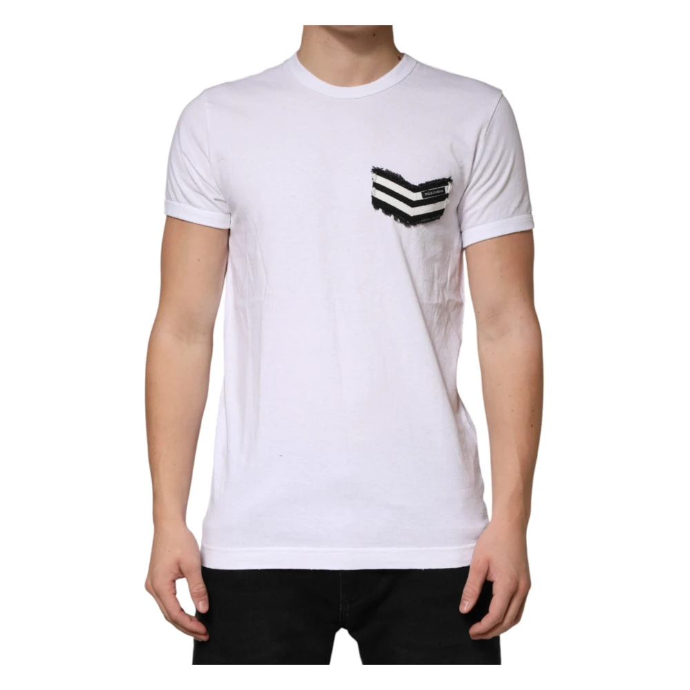 Dolce & Gabbana Men's White Striped Cotton Crew Neck Tee