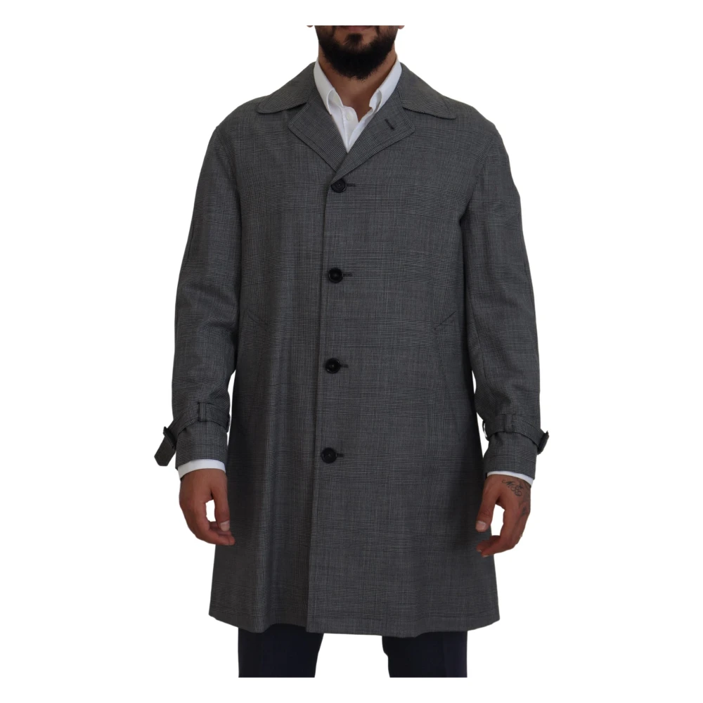 Dolce & Gabbana Herr Grå Kappor & Rockar M, Rutig Trenchcoat, Elegant Stil