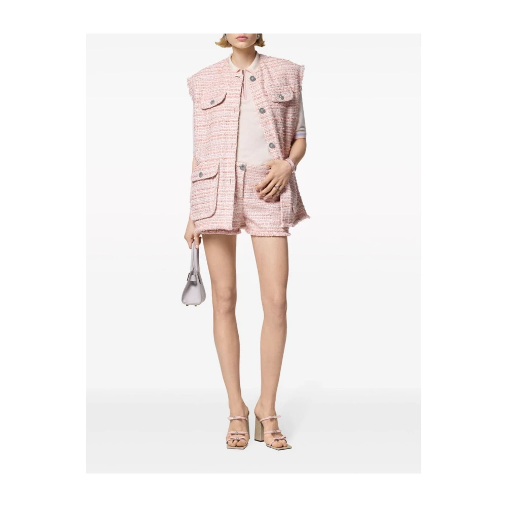Versace Gestreepte Katoenen Tweed Franje Vest Pink Dames