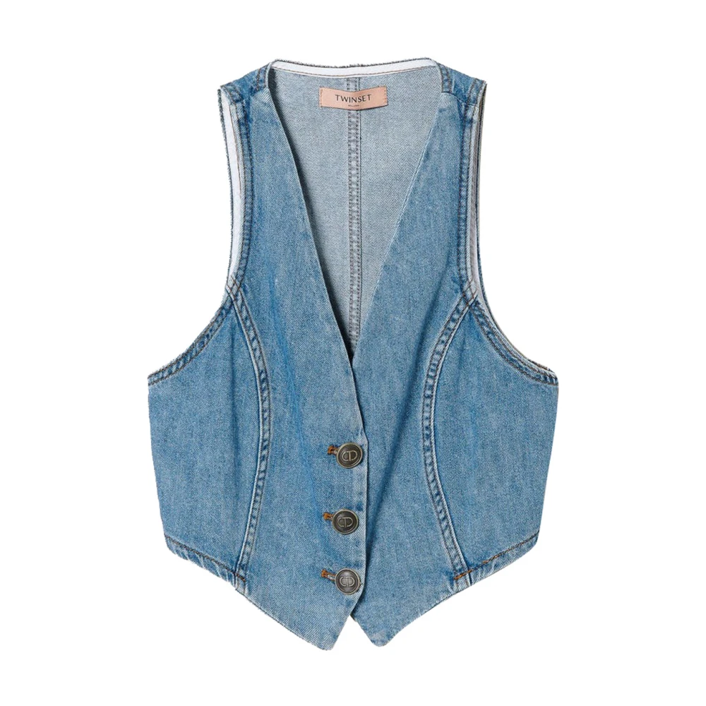 Twinset Blauwe Denim V-Hals Mouwloze Jas Blue Dames