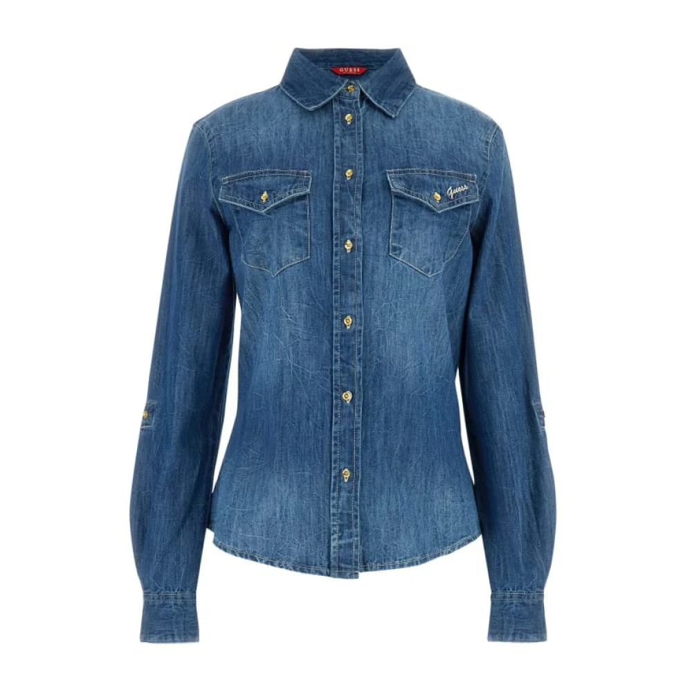 Guess Blauwe Denim Overhemd Rechte Snit Blue Dames
