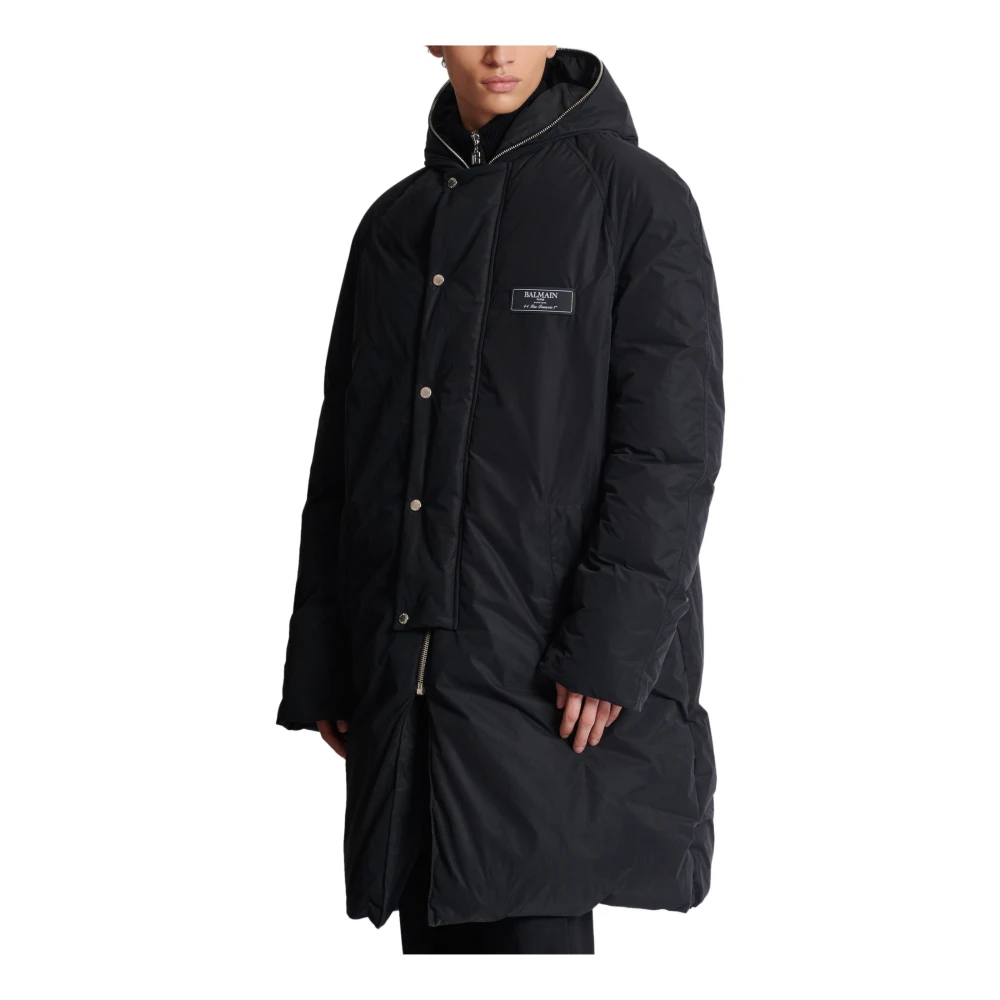 Balmain Lange Gewatteerde Nylon Jas Black Heren