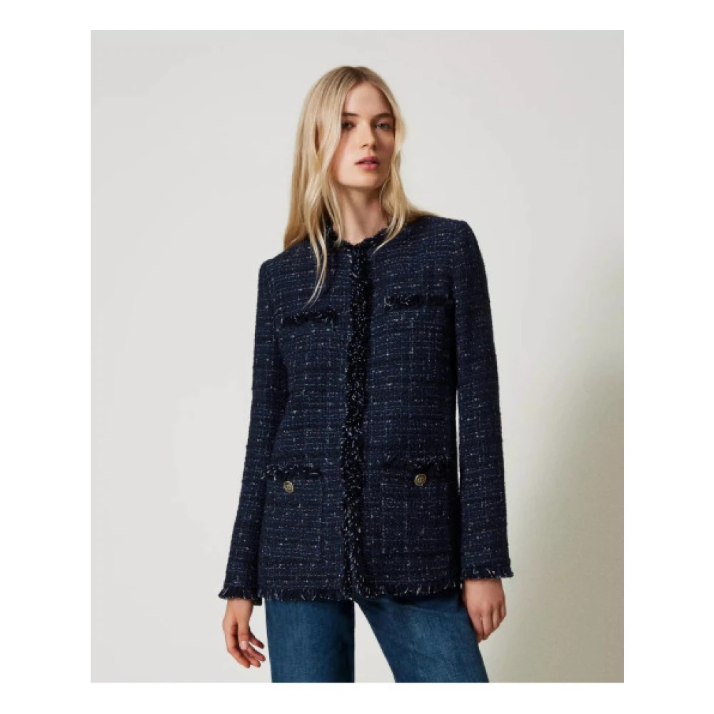 Twinset Gevlochten Stofjas met Franje Afwerking Blue Dames