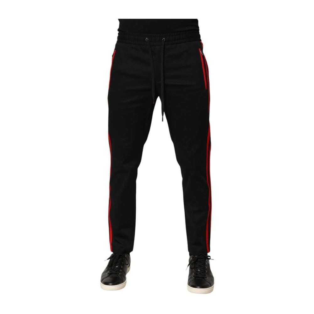 Dolce & Gabbana Mannelijk Zwart Broeken Heren, S, Rode Streep Logo Jogger Trainingsbroeken