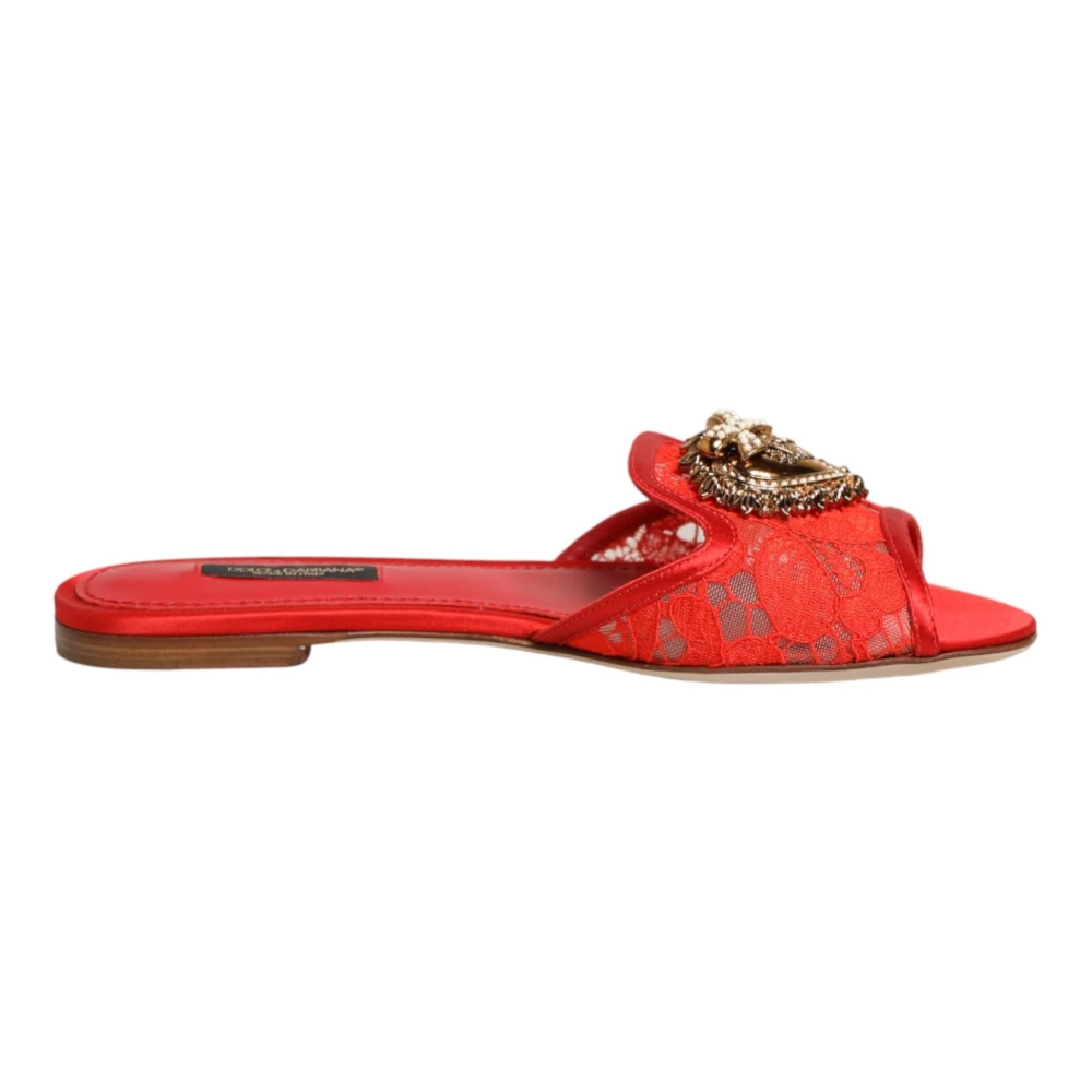 Dolce & Gabbana Women's Red Sliders, 3 Uk, Devotion Lace Flat Slides