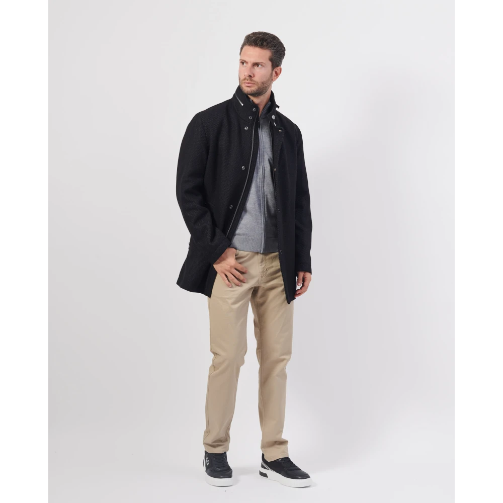 Hugo Boss Zwarte wollen hoge halsjas Black Heren