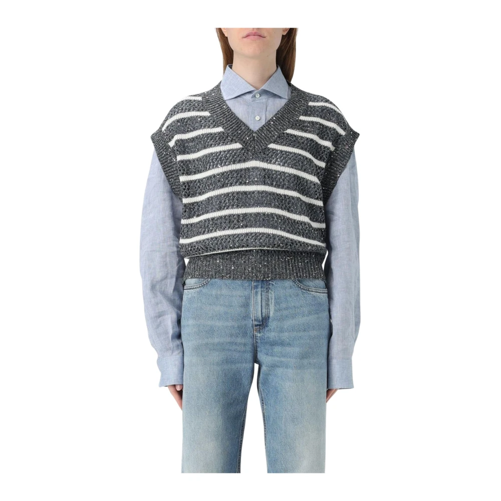 Brunello Cucinelli Women's Blue Sequined Stripe Knit Vest