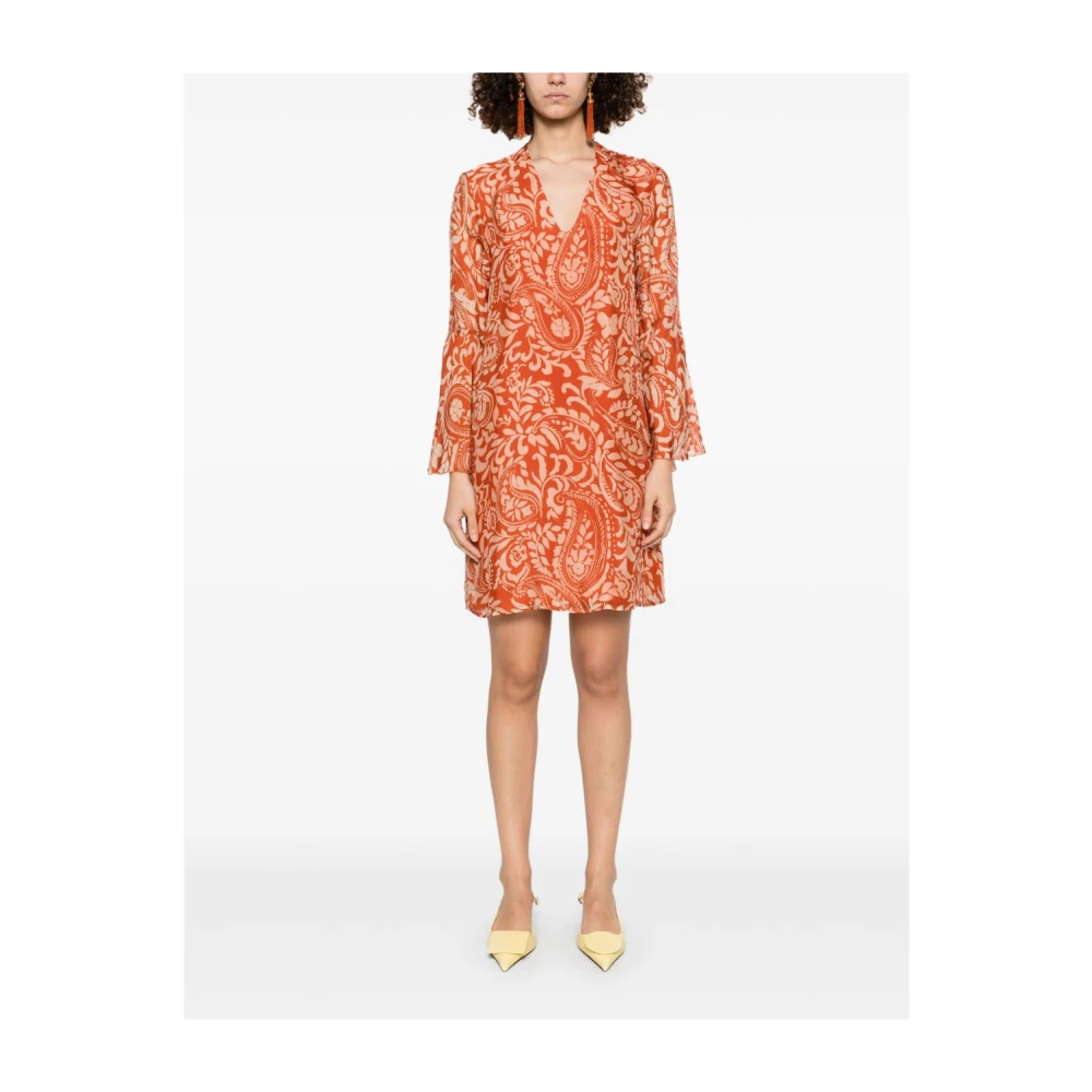 Liu Jo Multicolor Oranje V-Hals Uitlopende Jurk Brown Dames