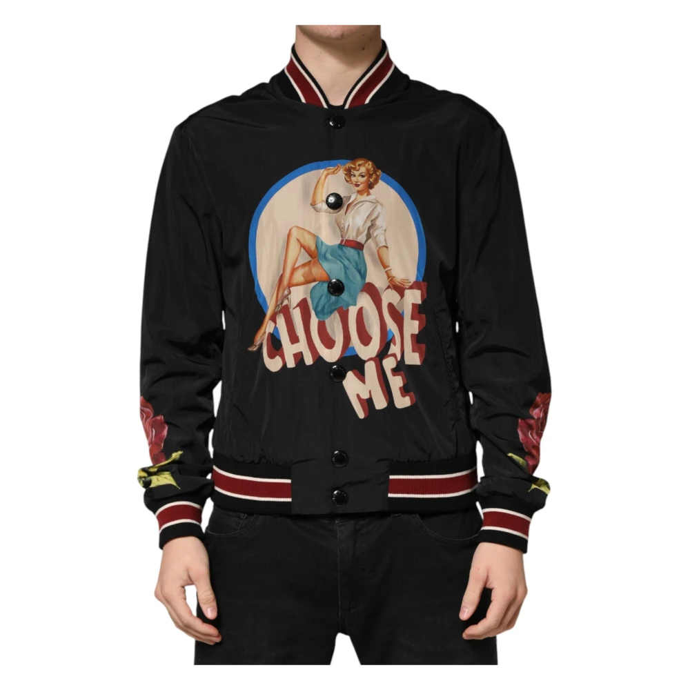 Dolce & Gabbana Mannelijk Zwart Jassen Heren, M, Nylon, Pin Up Button Down Bomber Jacket