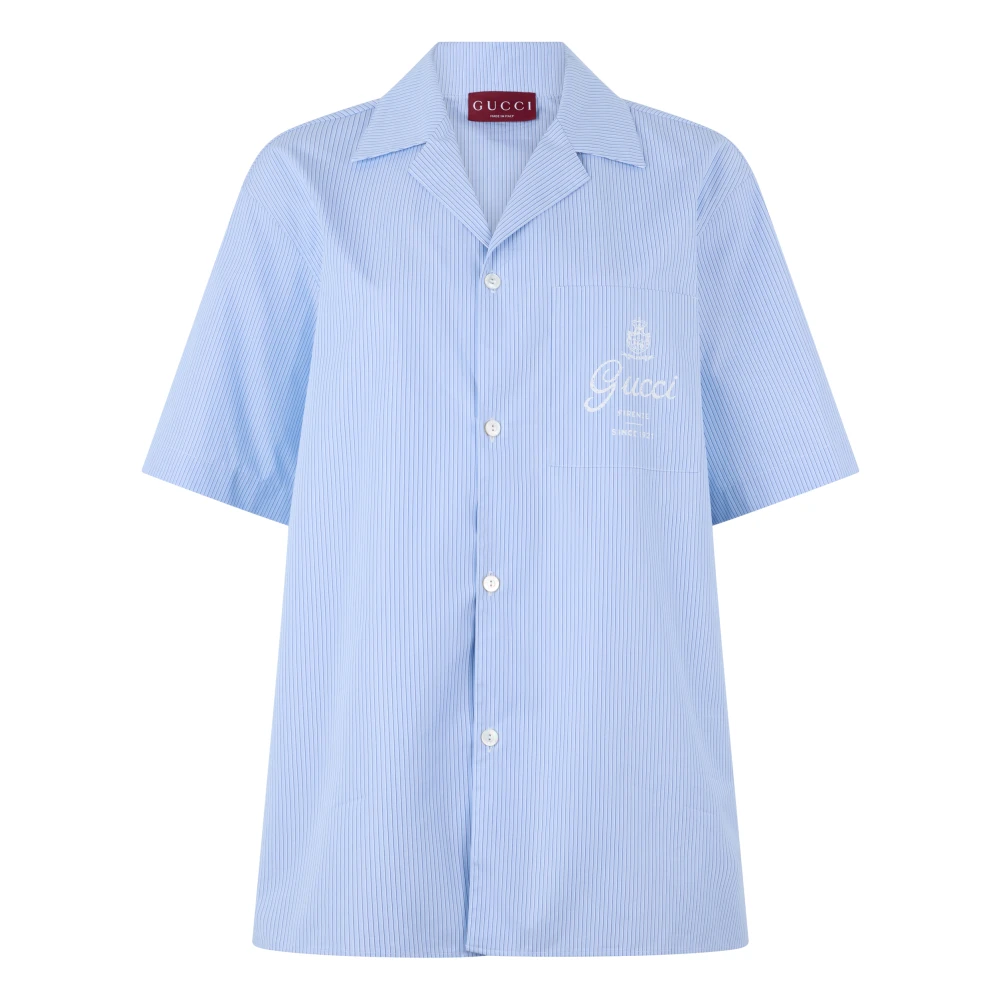 Gucci Blue Short Sleeve Shirts, Male, S, Printed Cotton Poplin Bowling Shirt