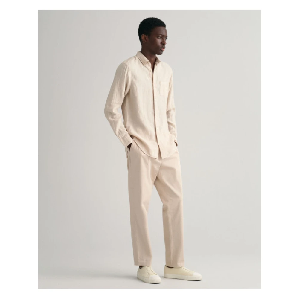 Gant Reguliere Linnen Overhemd met Geborduurd Logo Beige Heren