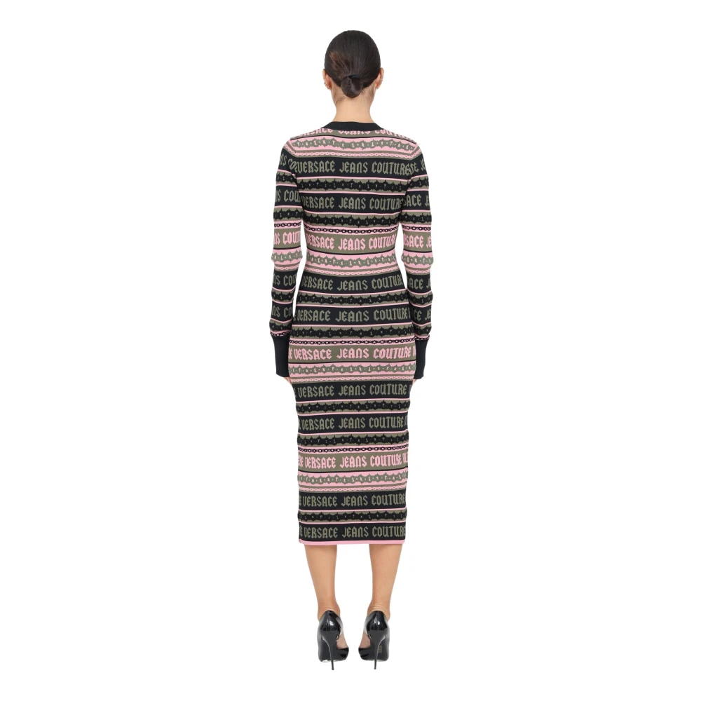 Versace Jeans Couture Elegante Gothic Logo Gebreide Midi Jurk Multicolor Dames