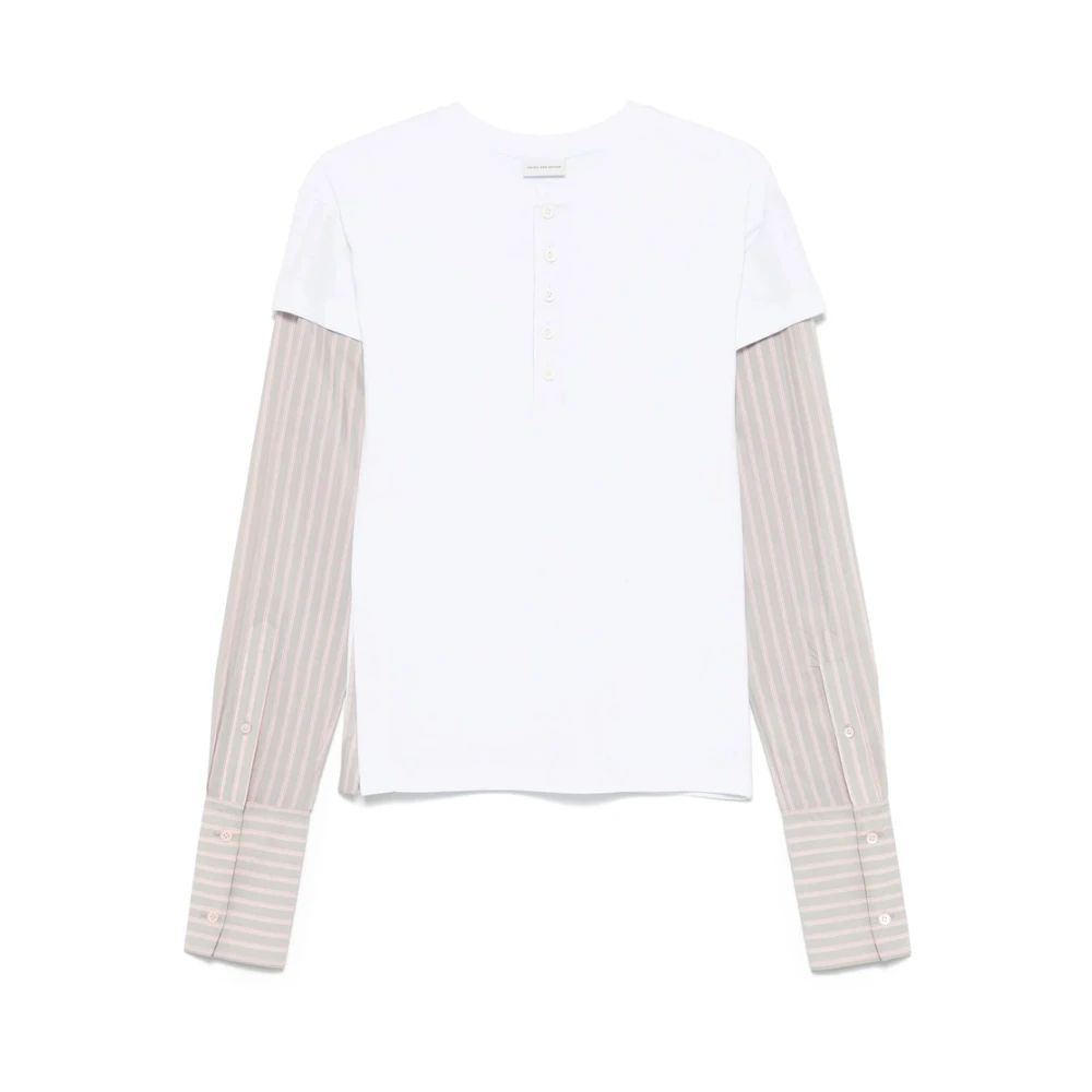 Dries Van Noten Wit Henley Hals Gestreept T-shirt White Dames