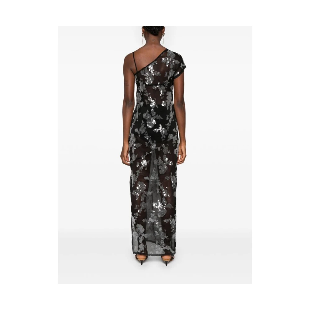 Siedrés Zwarte Bloemen Paillet Een-Schouder Jurk Black Dames