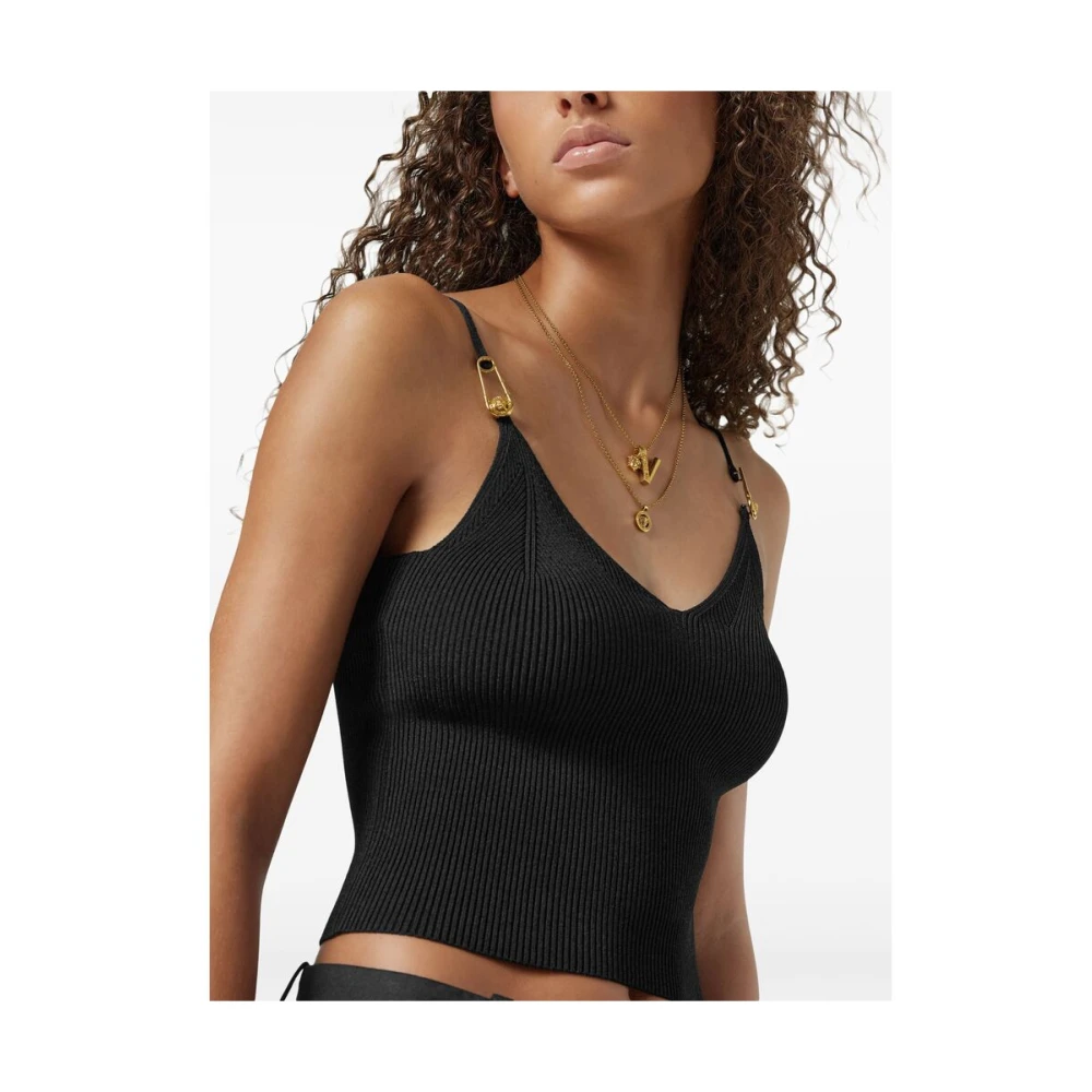 Versace Zwarte Geribbelde Gebreide V-hals Top Black Dames