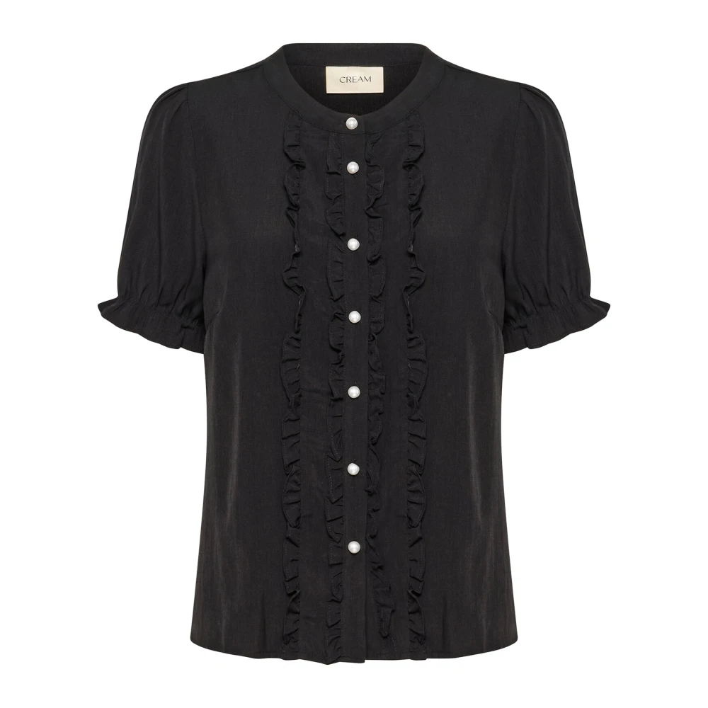 Cream Svart Ruffle Blus med Mandarin Krage Black, Dam