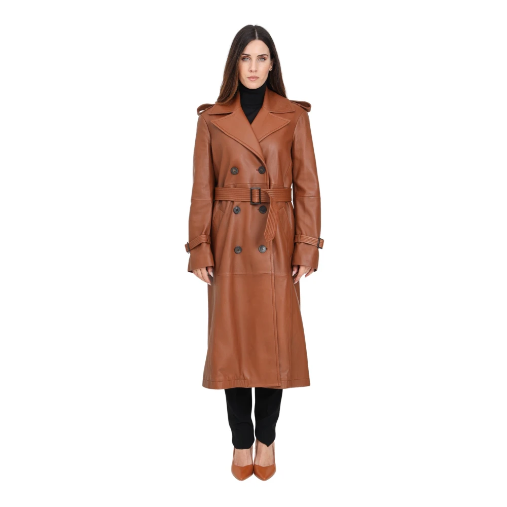 Max Mara Leren Trenchcoat Magiaro Bruin Brown Dames