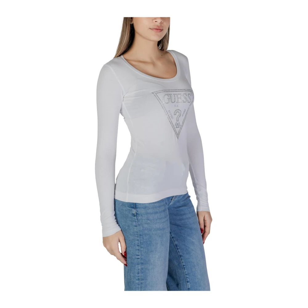 Guess Rhinestone Logo V-Neck Tee Lange Mouw White Dames