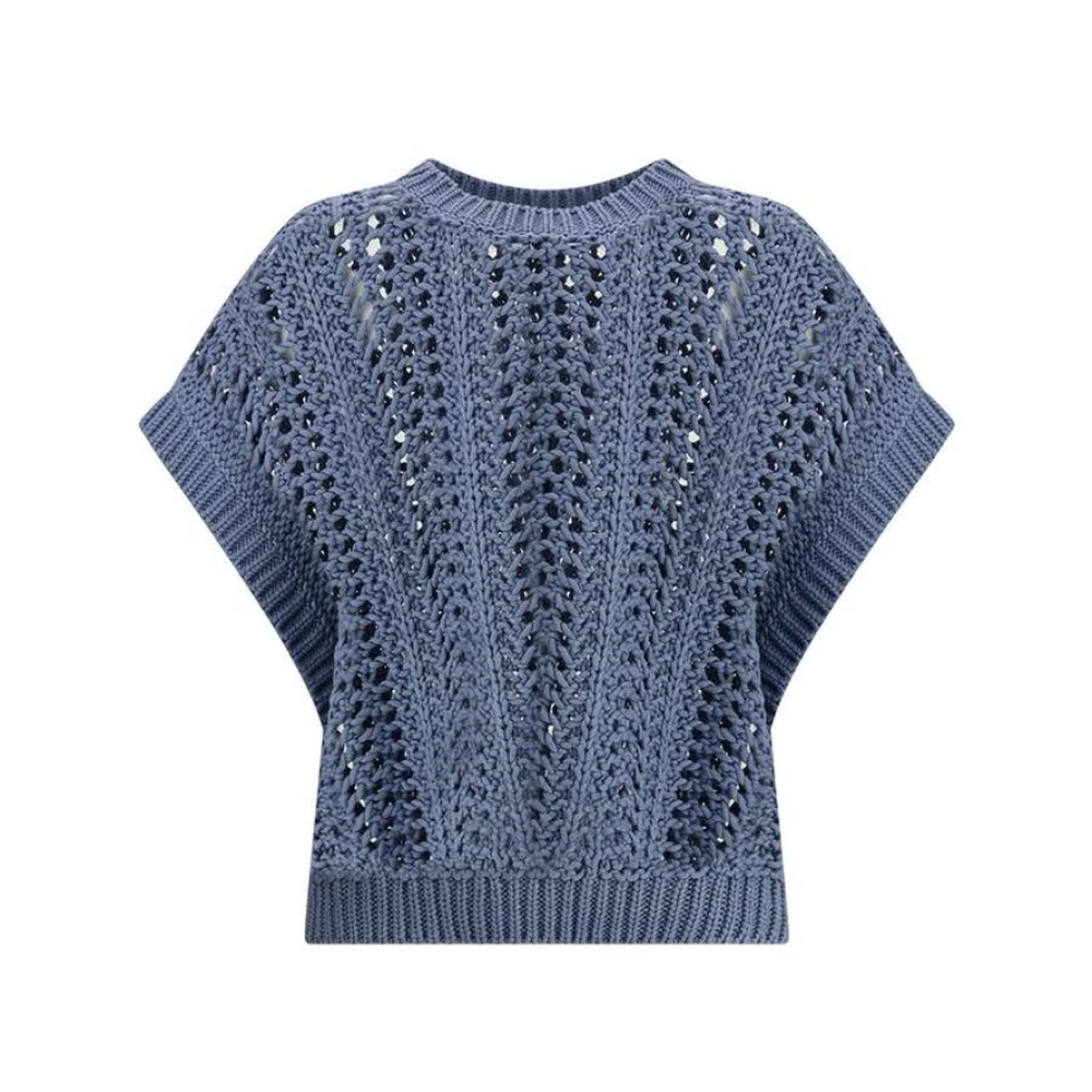 BRUNELLO CUCINELLI Geperforeerde Kantgebreide Vest Blue Dames