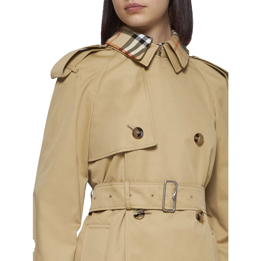 Burberry Korte Trenchcoat met Ruitdetails Beige Dames