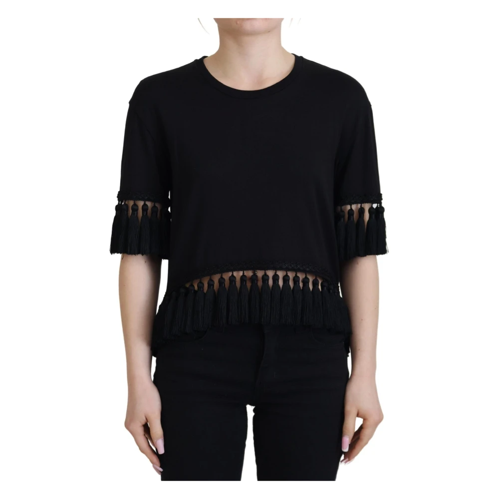 Dolce & Gabbana Women's Black Cotton Tassel Blouse Top - T-Shirts - M - Tops