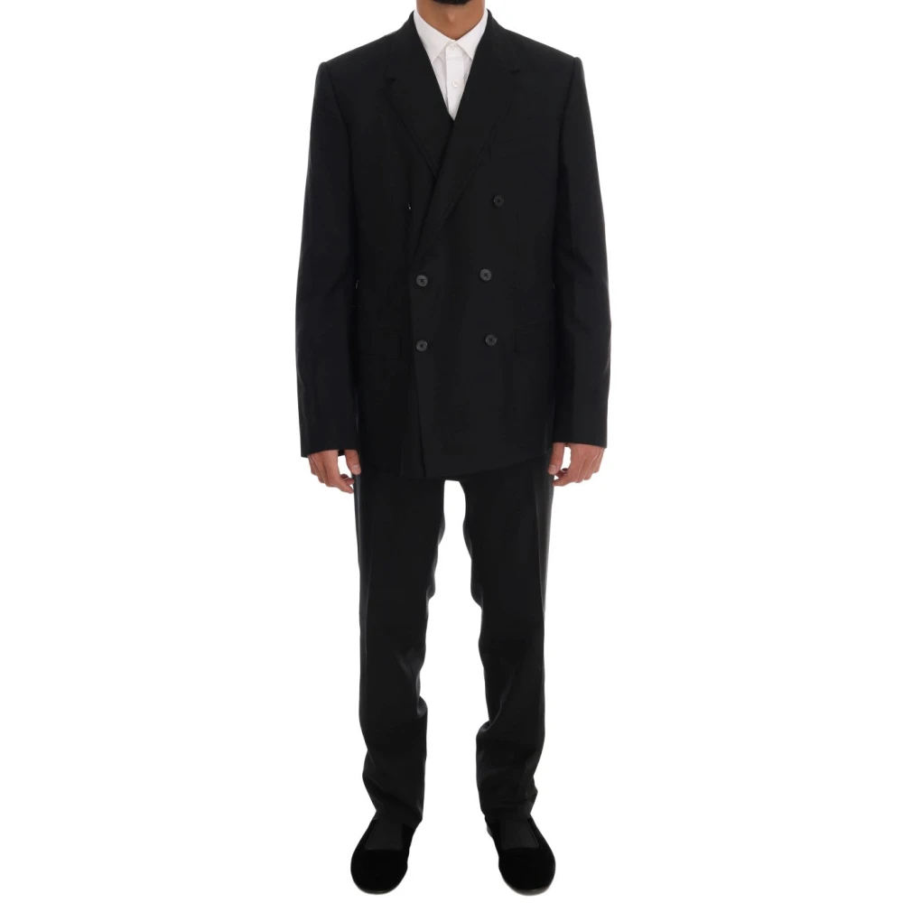 Dolce & Gabbana Svart Ull Dubbelknäppt Slim Fit Kostym Black, Herr