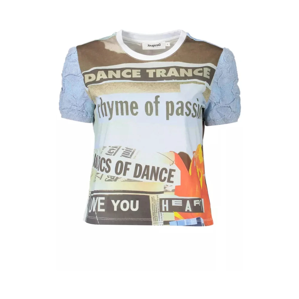 Desigual Kvinno Multicolor Toppar Dam, L, Bomull, Ljusblå Bomull Print T-Shirt