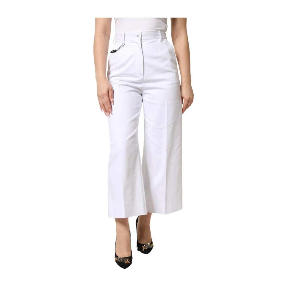 Dolce & Gabbana Women's White Wide Trousers, 2XS, High Waist Wide-Leg Cropped Cotton Trousers