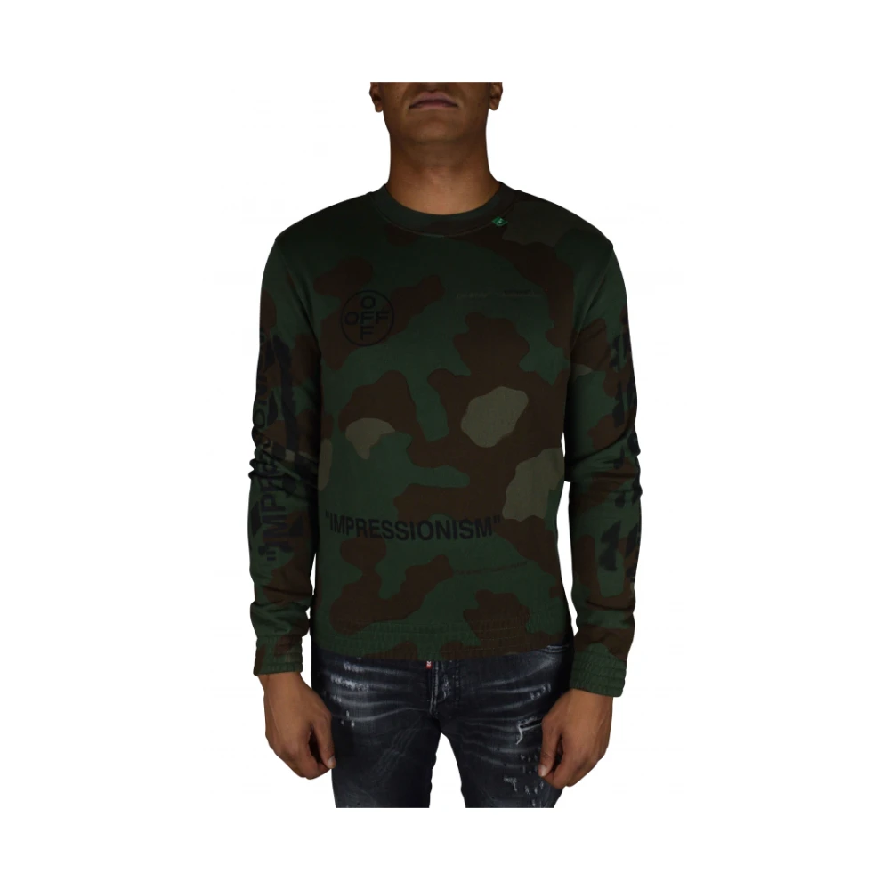 Off White Khaki Camouflage Sweatshirt met Zwarte Logos Green Heren