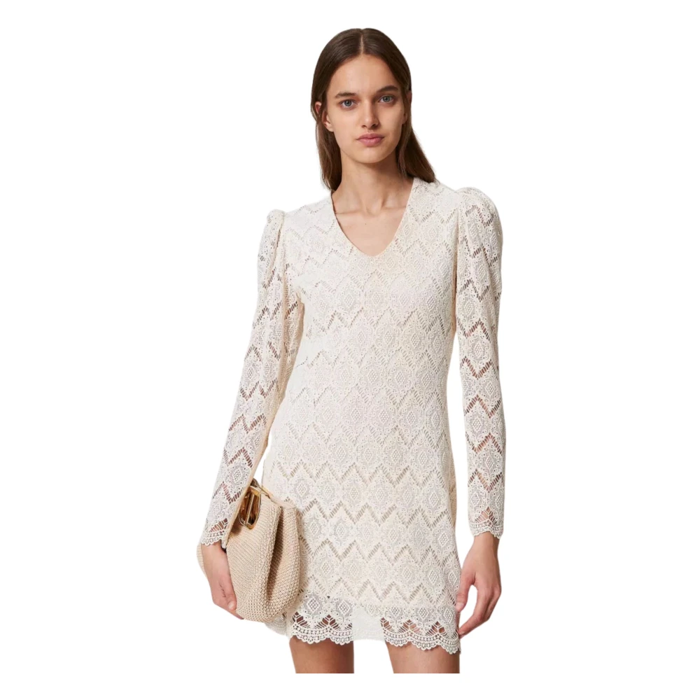Twinset Geometrische Kant Mini Jurk Beige Dames